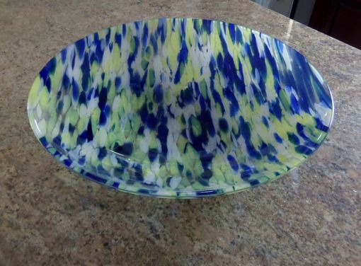 Custom Made Large 20" Blue/Yellow Fused Glass Bowl