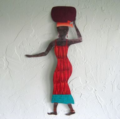 Custom Made Handmade Upcycled Metal African Lady In Red Wall Art Sculpture
