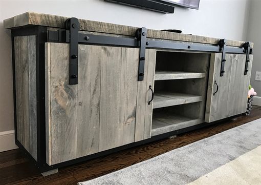 Custom Made Rustic Industrial Barn Board / Media Stand / Tv / Entertainment Stand W/ Sliding Doors