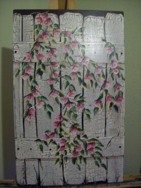 Custom Made Original Painting On Hardwood Titled: Flowers On Fence