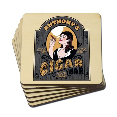 Custom Made Custom Cigar Bar Wood Coasters, Set Of 4