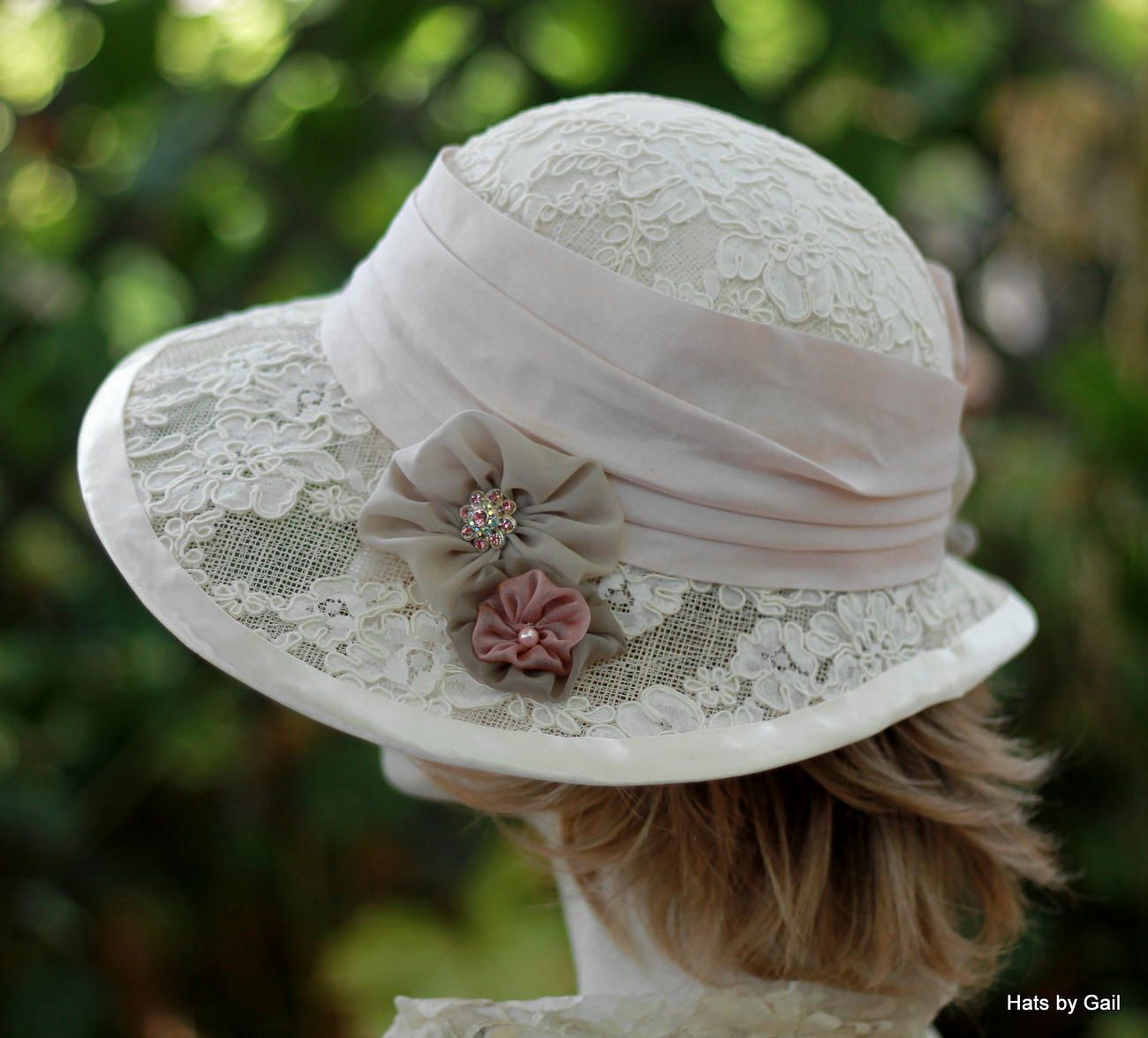 Custom Made Vintage Edwardian Wide Brim Hat In Ivory Lace Taupe And