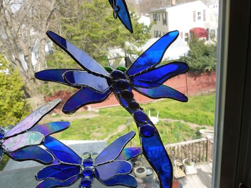 Custom Made Cobalt Iridescent Blue Dragonfly Stained Glass Art