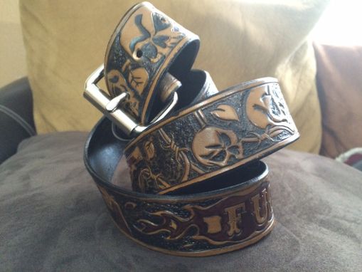 Custom Made Biker Leather Belt With Skulls And Barbed Wire