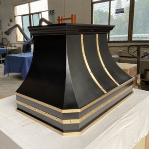 Scalloped Black Stainless Steel Custom Range Hood with Brass Trim SH32R