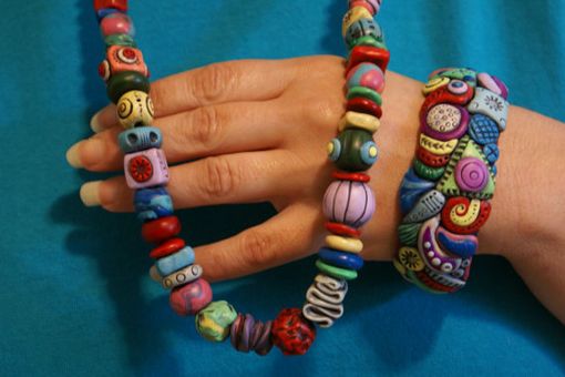 Custom Made Necklace And Bracelet Set, Hawaii Hand Sculpted , Bright Assorted Colors, Design Polymer Beads