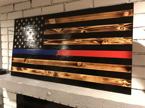 Custom Made Half Thin Blue And Half Thin Red Line Rustic Charred American Flag