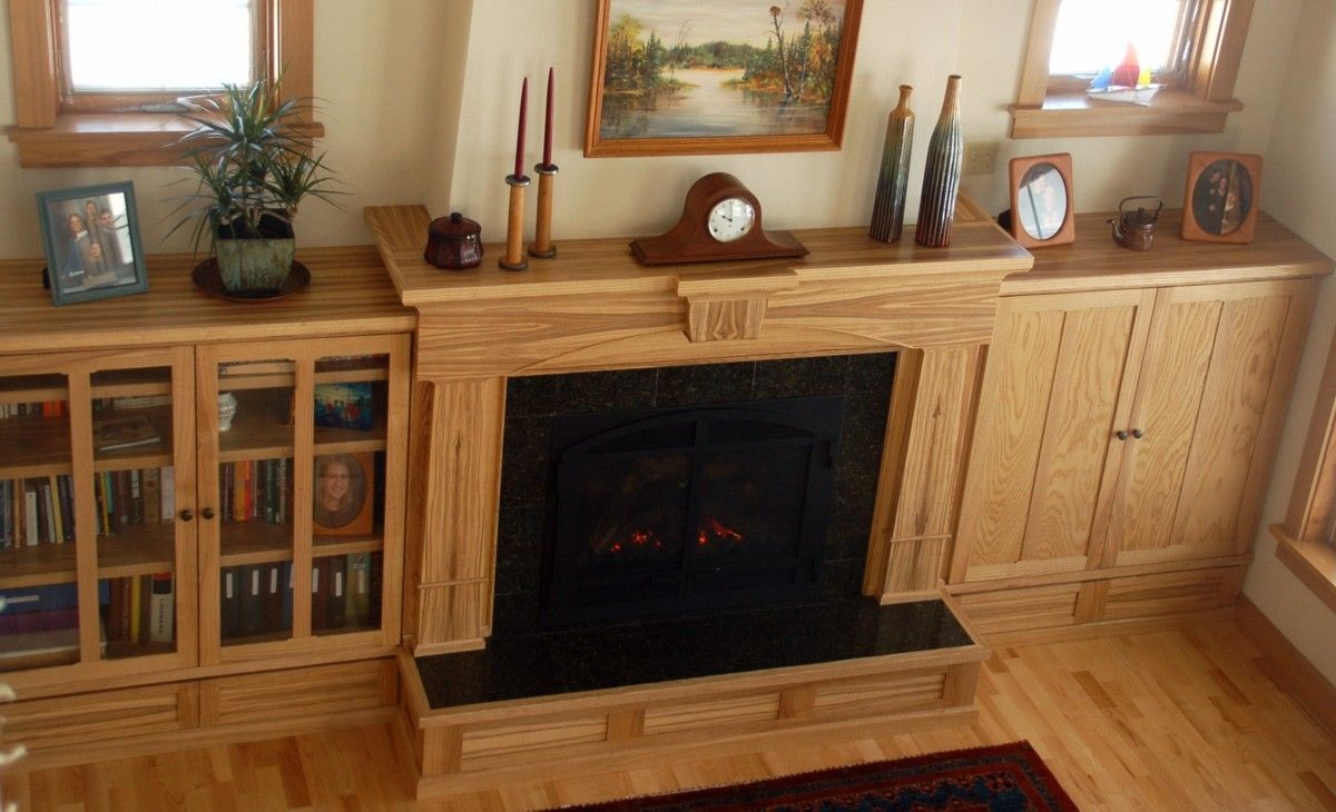 Custom Made Figured Ash Arts & Crafts Fireplace Bookcase Entertainment
