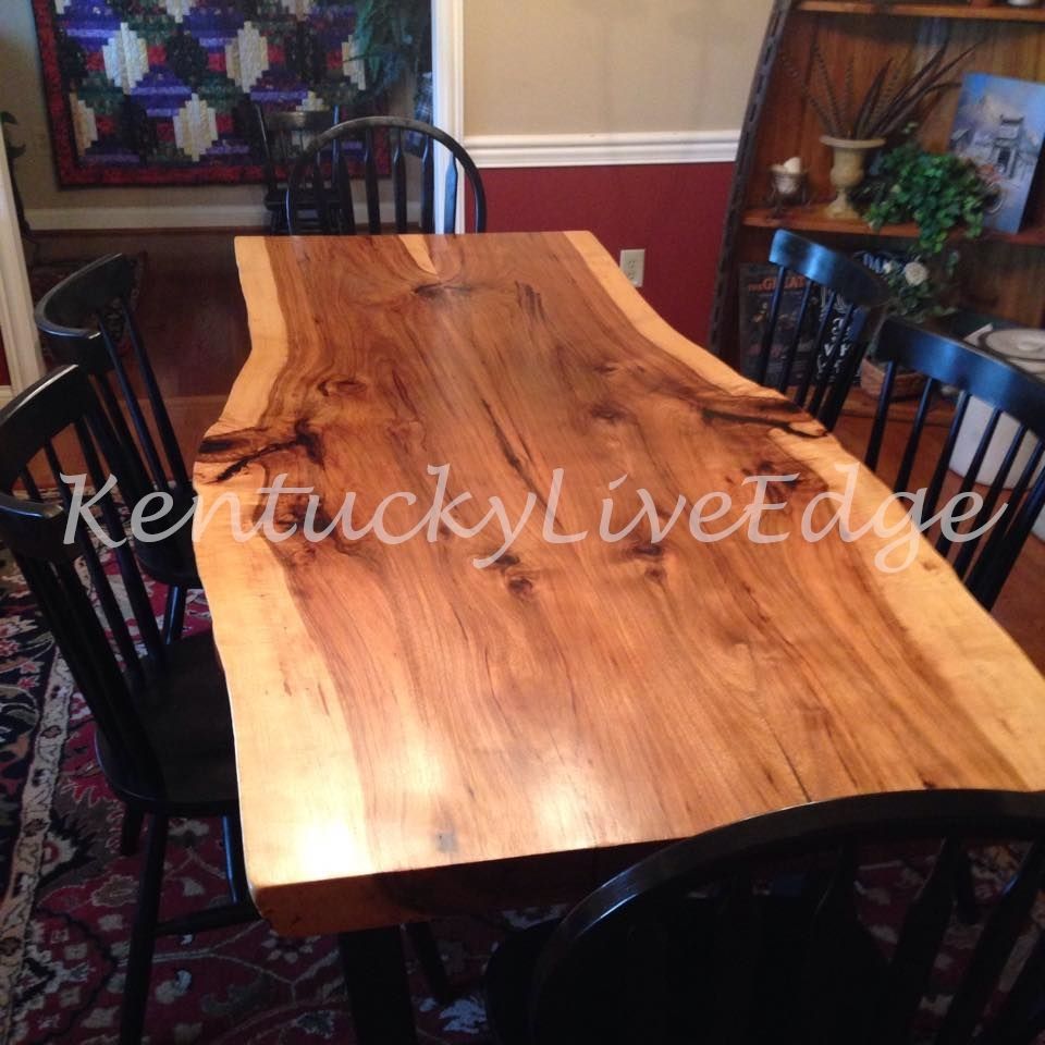 Hand Crafted Industrial Dining Table Live Edge Hickory Slab Dining