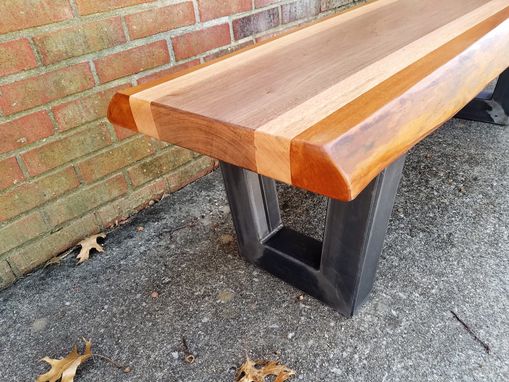 Custom Made Live Edge Bench- Coffee Table- Mahogany- Steel- Industrial- Modern- Rustic- Stripes- Natural Wood