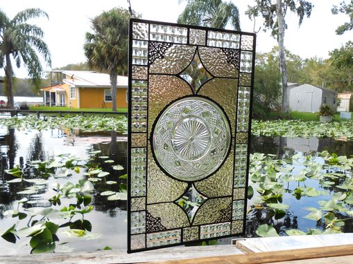 Custom Made Recycled Depression Glass Imperial Stained Glass Window Panel, Antique Stained Glass Transom Window