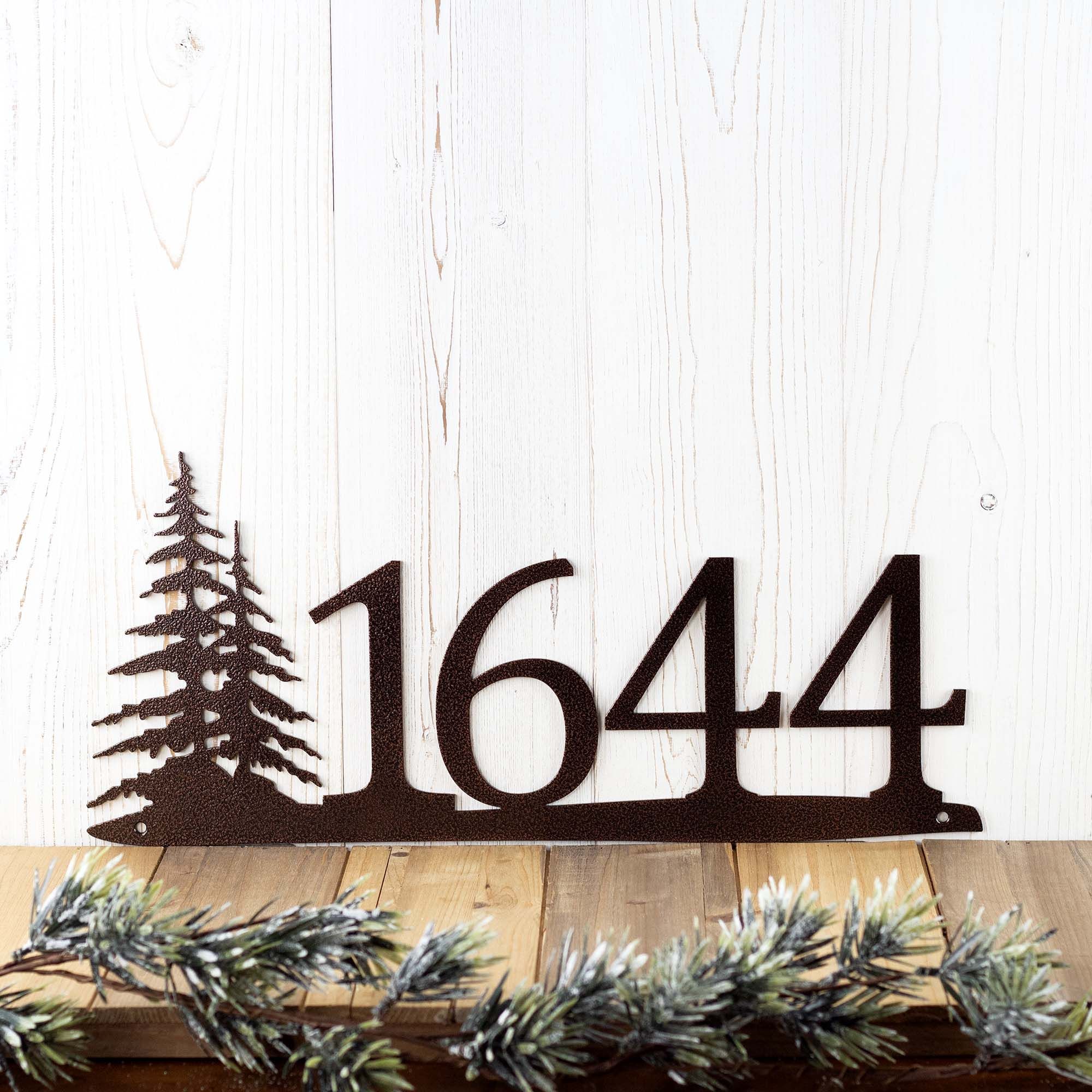 Buy Hand Made House Number Metal Plaque With Pine Trees, made to order