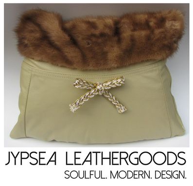 Custom Made Upcycled Beige Leather And Mink Fur Throw Pillow