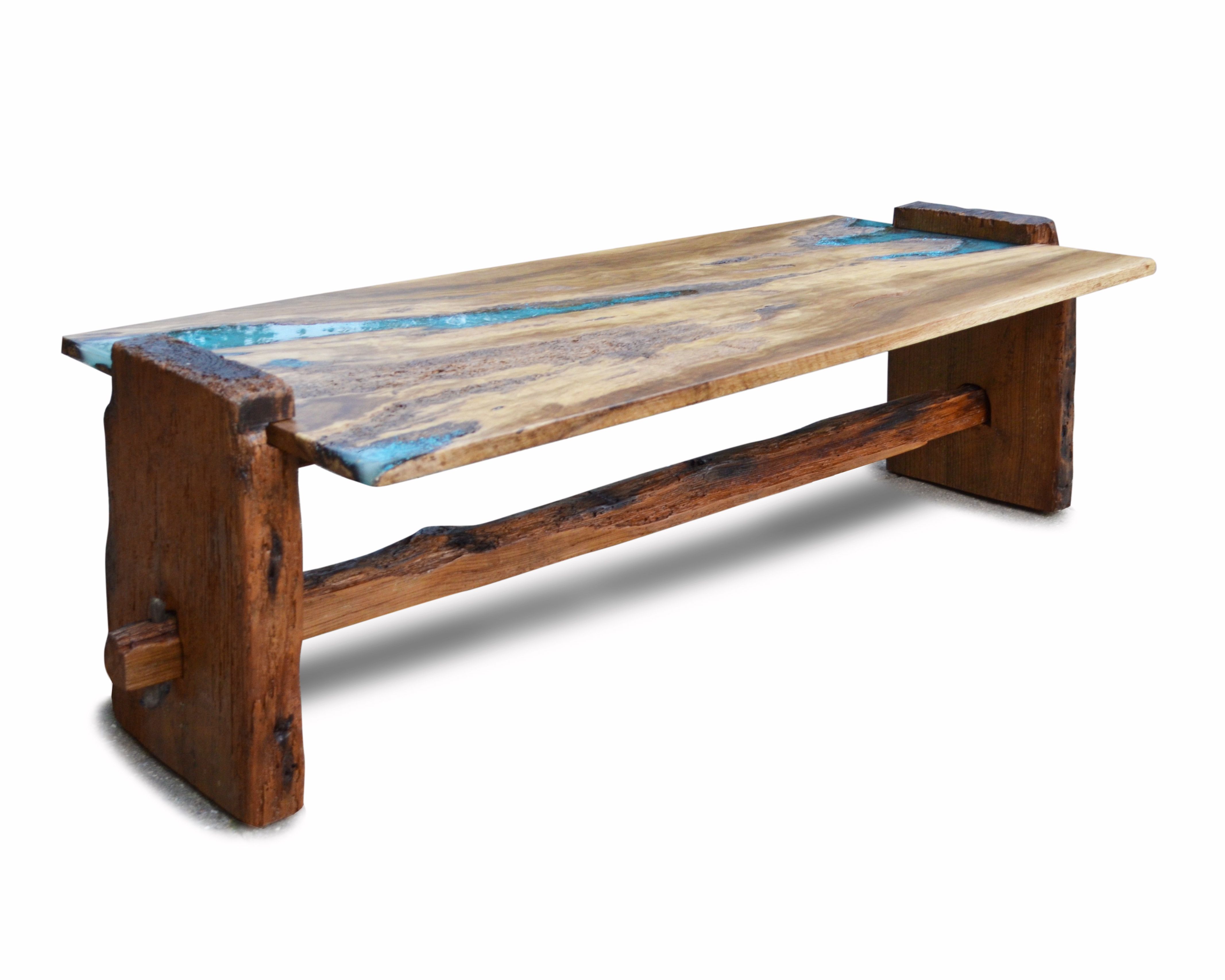Handmade Live Edge Rustic Oak With Turquoise Inlay Coffee Table by