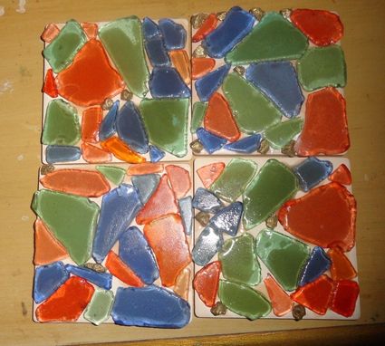 Custom Made Sea Glass Coasters On Beige Art Tile