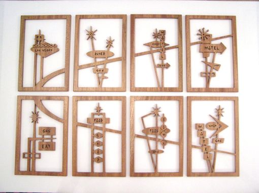 Custom Made Mahogany 8-Panel Mid-Century Modern Fretwork Collage "Googie Signs 3"