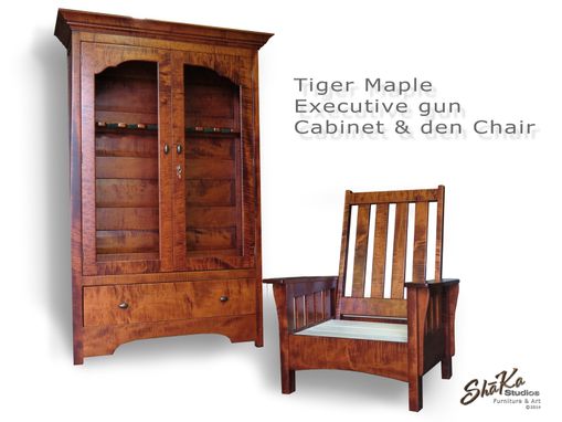 Custom Made Tiger Maple Executive Gun Cabinet And Den Chair