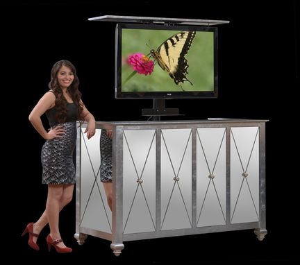 Custom Made Hollywood Glam Tv Lift Cabinet In Silver Leaf And Mirrors Up To 60