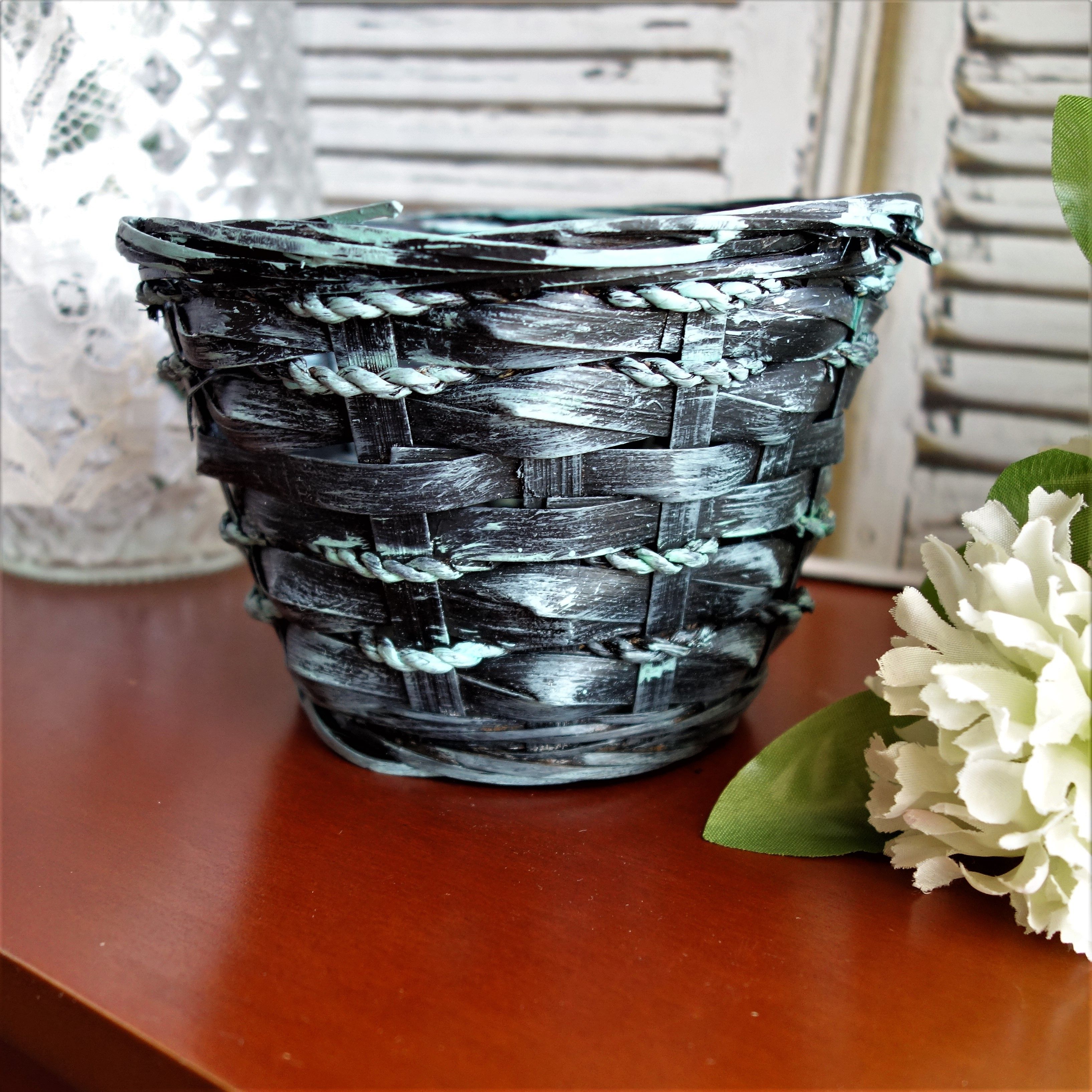 Buy Handmade Basket Black And Teal Rope Wrapped Basket With White