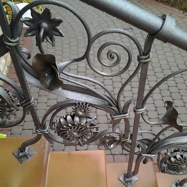 Custom Made Forged Custom Metal Outdoor Railing Flower Pattern With Two Lamps.