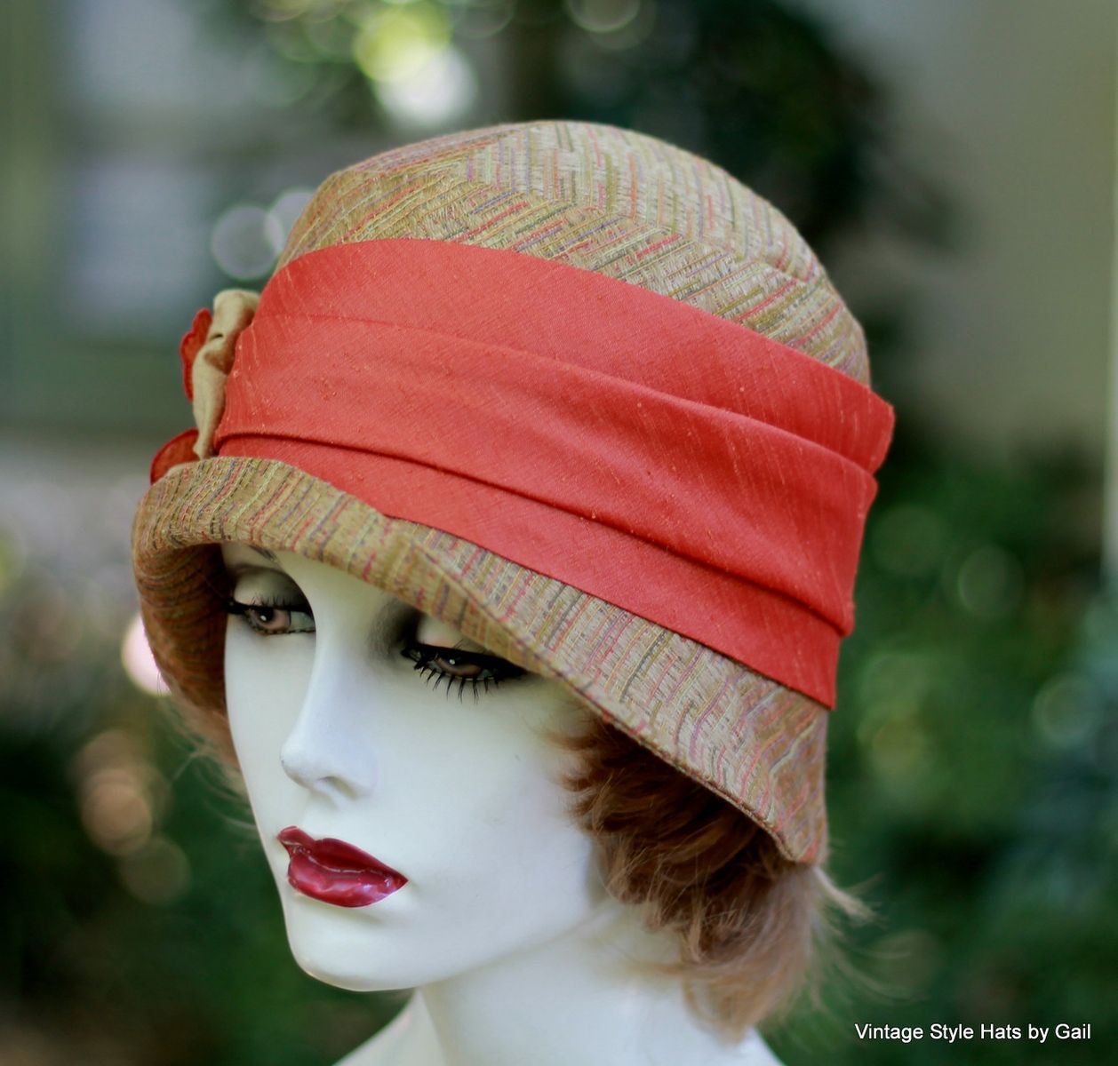 Hand Made Womens Cloche Hat 20'S Style In Earth Tones With Orange Trim ...