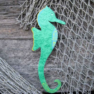 Custom Made Handmade Upcycled Metal Seahorse Wall Art Sculpture In Tropical Green