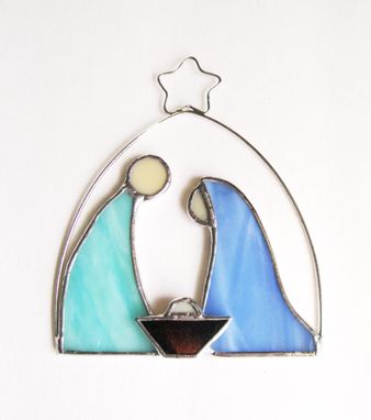Custom Made Nativity Ornament In Pale Blue And Aqua Stained Glass