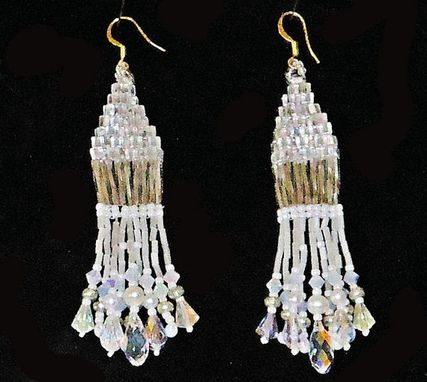 Custom Made Beaded Earrings With Swarovski Crystals; White Dangling