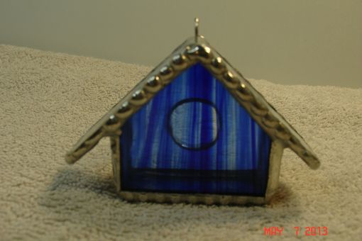 Custom Made Empty Nest Bird House Ornament In Striped Colbalt Blue With Green / Pink Roof