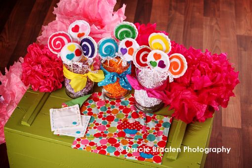 Custom Made Felt Lollipops With Multi-Colored Hearts And Swirls "Marshmallow Cream Lollipops''