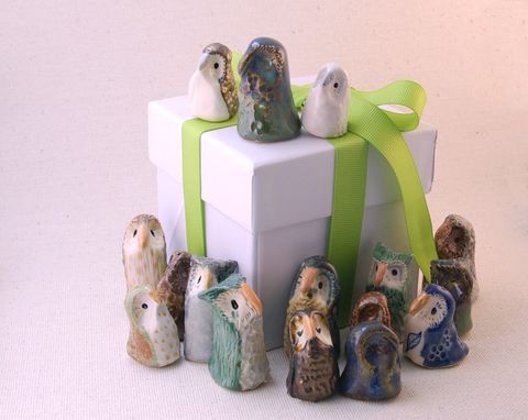 Custom Made Ceramic Miniature Owls, Flock Of Twelve Surprise Owls In A Gift Box