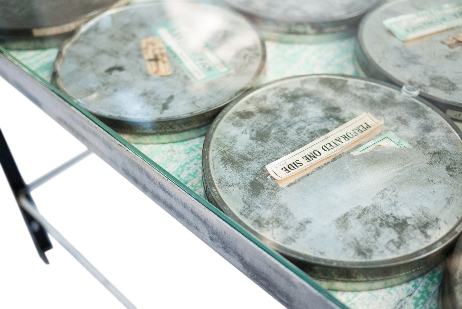 Hand Made Film Canister Coffee Table With Glass Top by Pigeon Kingdom