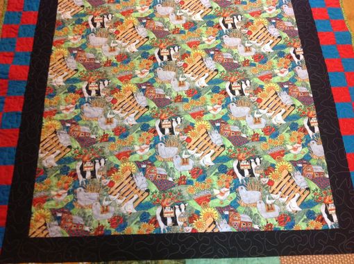 Custom Made Colorful Barnyard Themed Quilt With Beautiful Center Panel, Strips And Blocked Border
