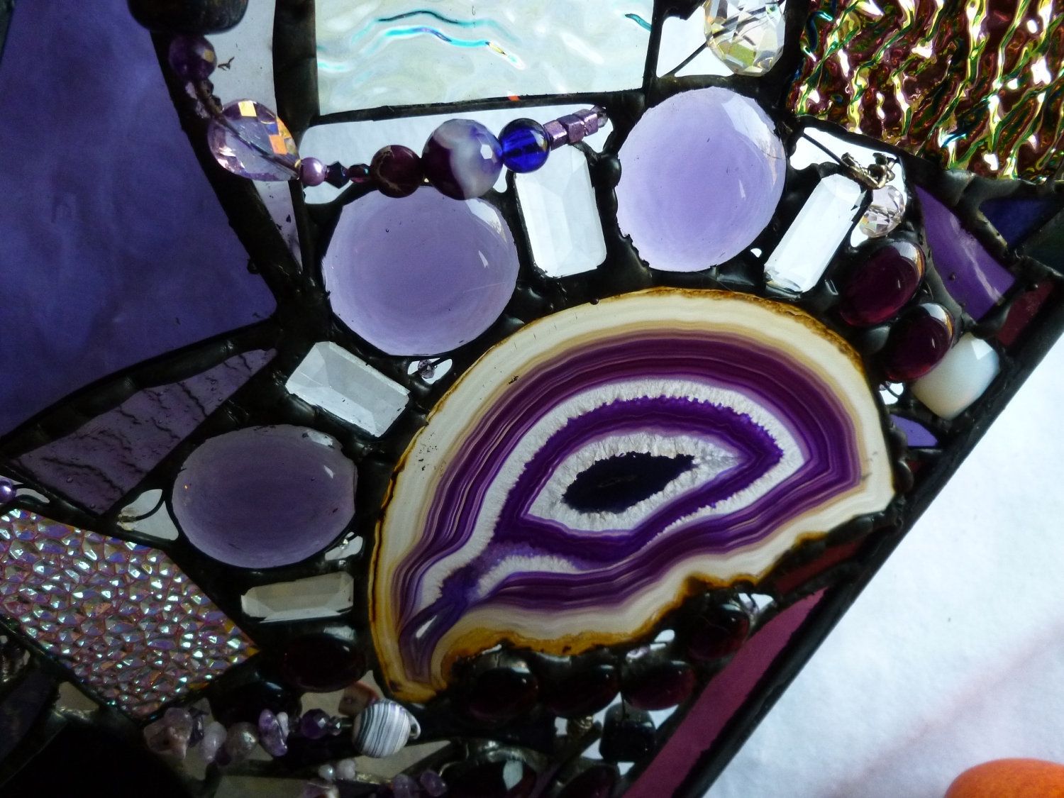 Aqua and purple stained glass geode panel