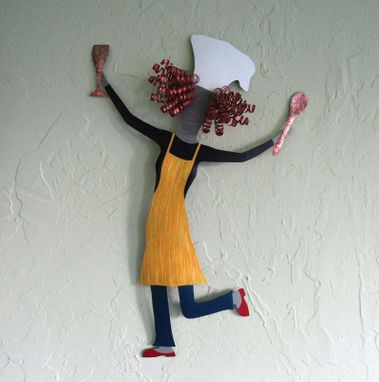 Custom Made Lady Chef Recycled Metal Kitchen Wall Art Sculpture Hand Painted Red Yellow