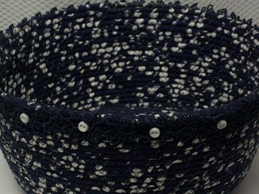 Custom Made Fabric Bowl - Coiled - Clothesline Handwrapped In Fabric  - Medium Round - Navy/White