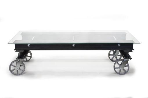 Custom Made Modern Industrial Glass I-Beam Coffee Table With Casters, Coffee Table, Side Table, Glass Table
