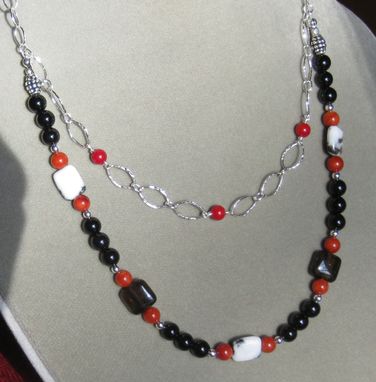 Custom Made Red Coral,Onyx And Zebra Jasper Gem Necklace- Free Shipping