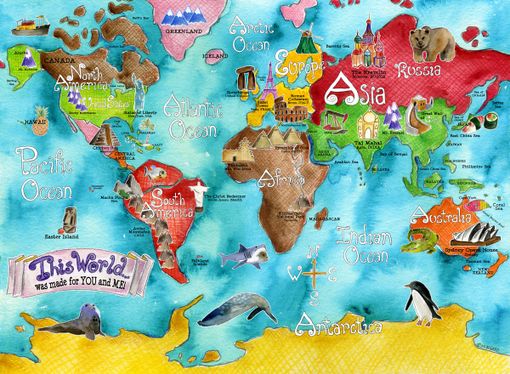 Custom Made Children's Illustrated Watercolor Art Turquoise World Map