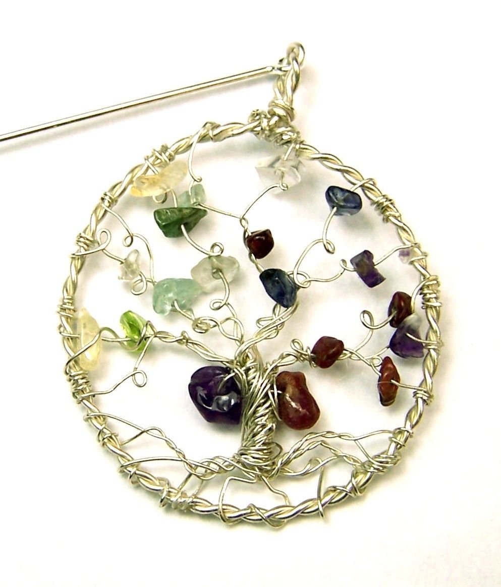 Hand Crafted Birthstone Family Tree Brooch Pin Sterling Silver