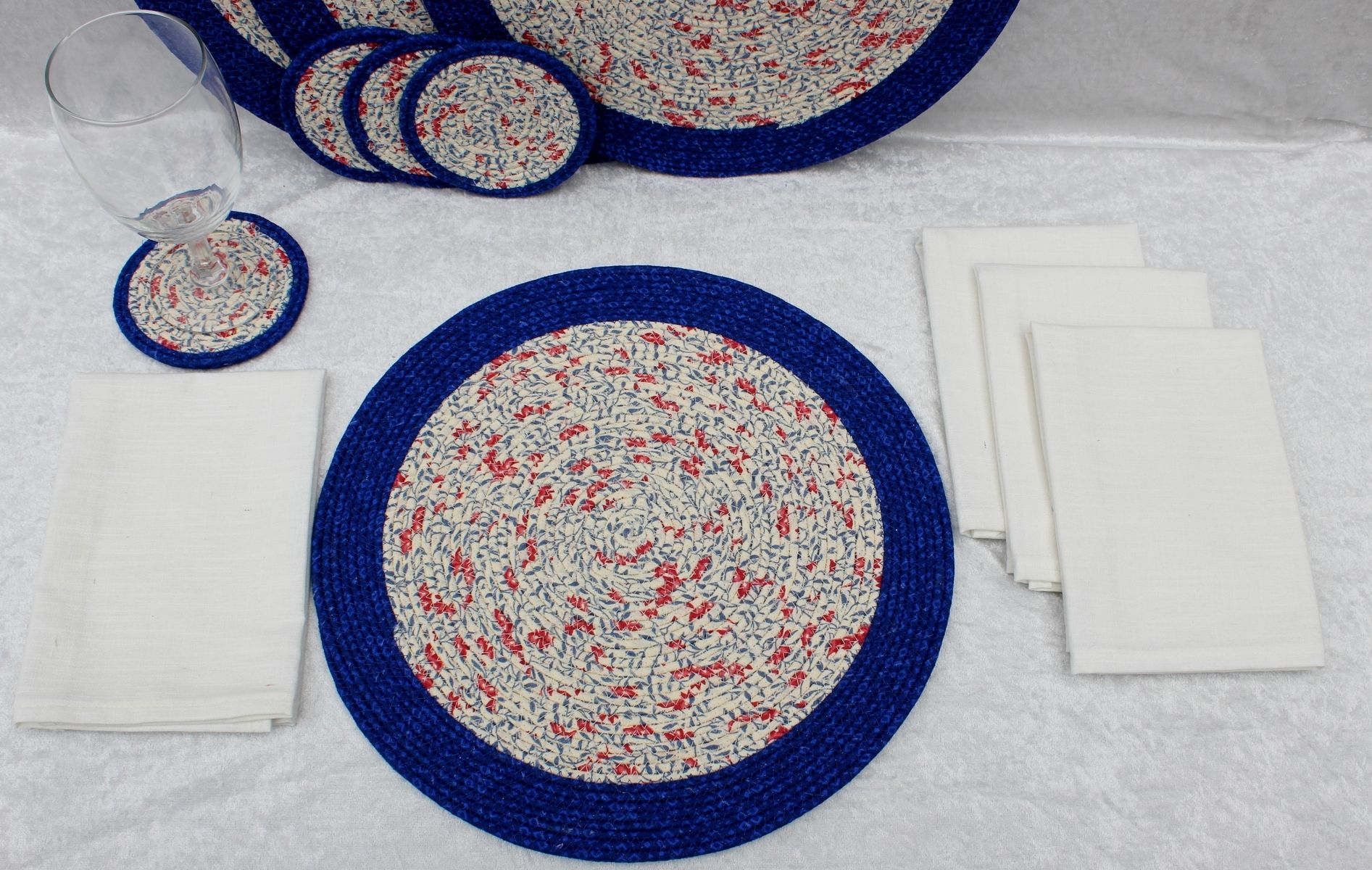 Custom Made Fabric Placemat Set (4) Patriotic Fabric Wrapped Clothesline Coiled by Decowraps