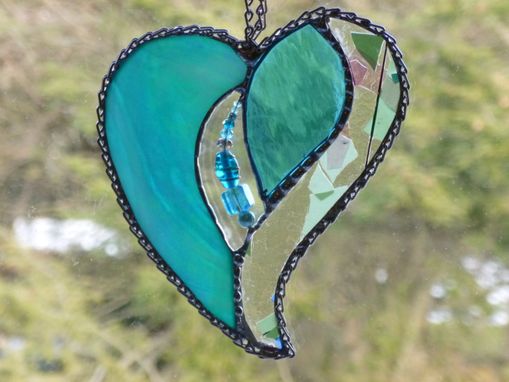 Custom Made Iridescent Teal And Turquoise Stained Glass Heart With Beads And Crystals