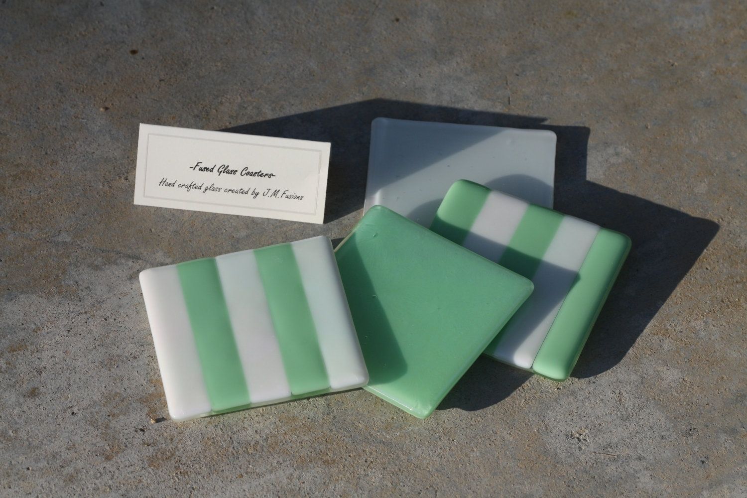 Hand Made White And Sea Green Glass Coasters In Set Of 4 by J.M