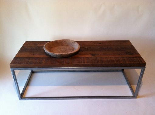 Custom Made Reclaimed Wood Coffee Tables With Rectagular Polished Metal Base