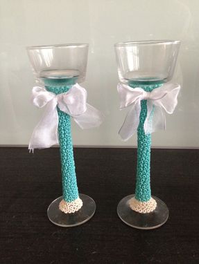 Custom Made Beaded Candle Holder Set - Mint