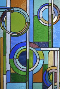 Custom Made #21-05 1920’S Art Deco Jewel Tone Geometric Stained Glass Panel