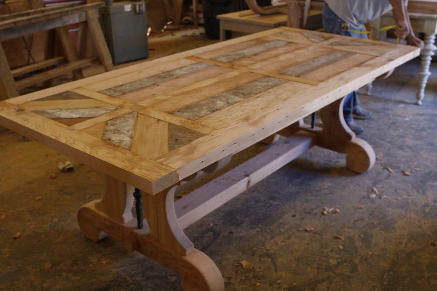 Hand Crafted Custom Trestle Dining Table With Leaf Extensions Built In