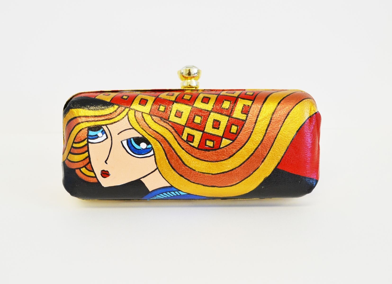 Hand Made Gold Clotch - Hand Painted Clotch- Leather Clutch - Girl Bag-  Fancy Clotch- Red Small Clotch by PONKO WORLD