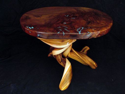 Custom Made Claro Walnut Coffee Table, With Turquoise Inlay On A Twisted Juniper Base
