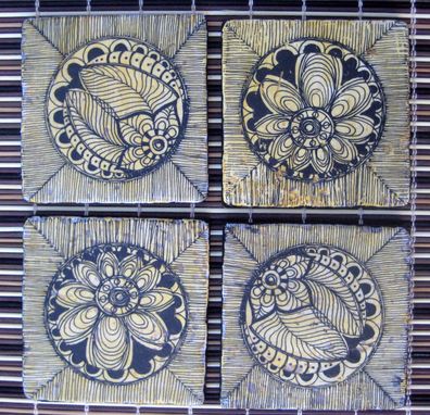 Custom Made Tile Coasters Black And White Handmade With Original Artwork-Set Of 4 Tile